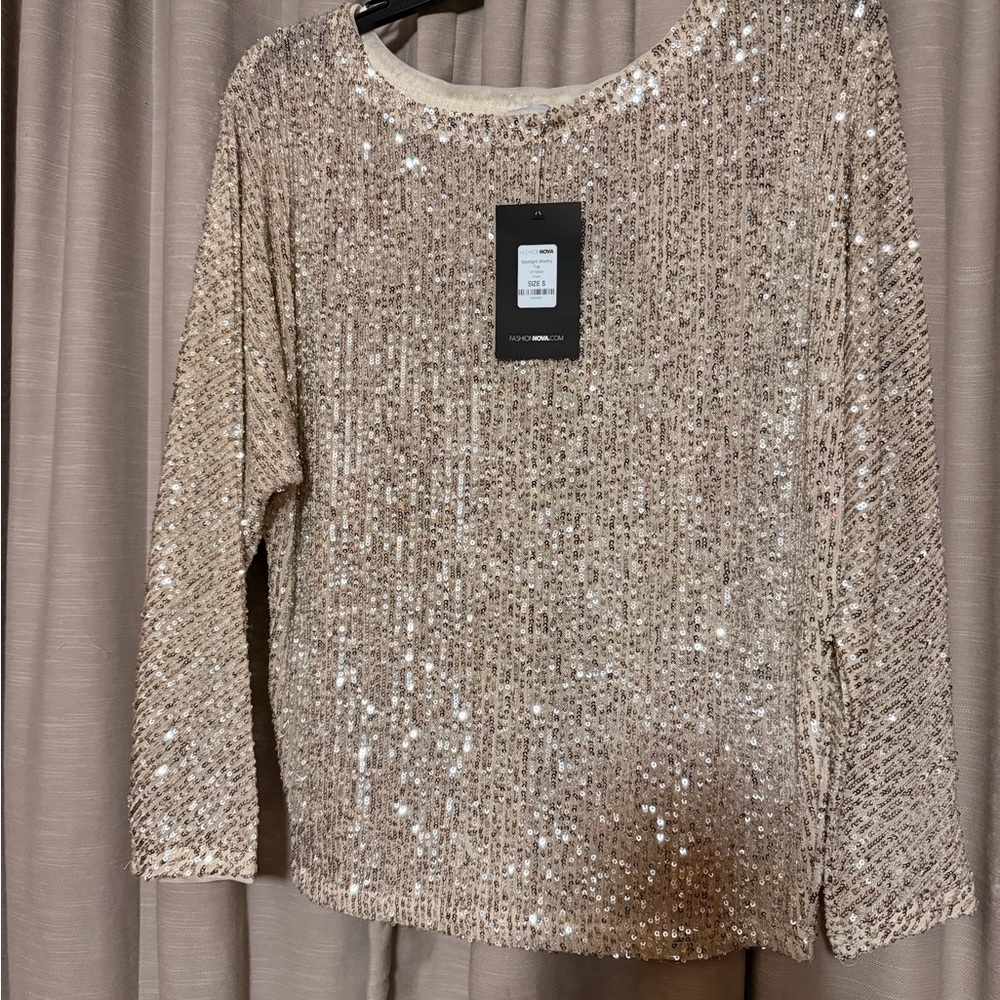 Fashion Nova Sparkling Beige Sequin Blouse